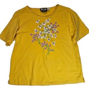 Bob Mackie Shirt Womens Large Yellow Floral Embroidered Wearable Art‎ Tee Top